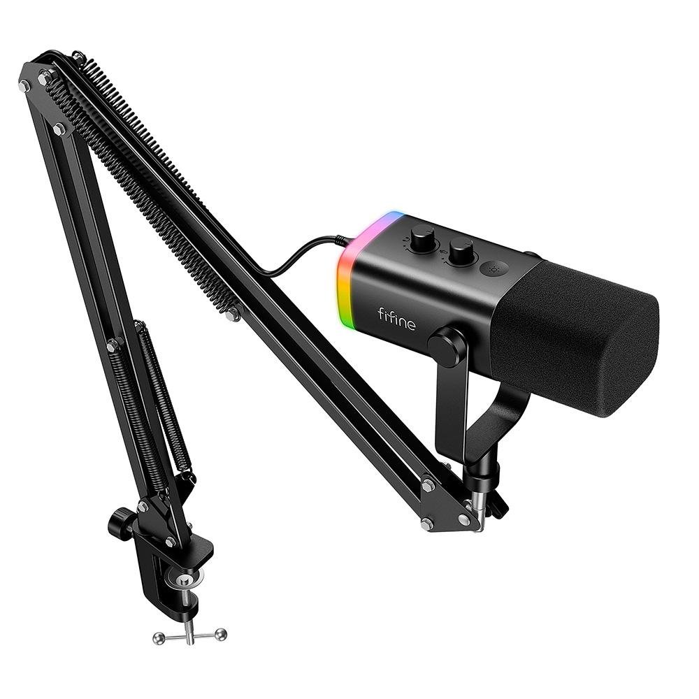 Imagem 2 de 10 do produto Microfone Dinâmico Gamer Fifine, RGB, Cardióide, USB Tipo-C e XLR, Anti-Ruído, Preto - AM8T