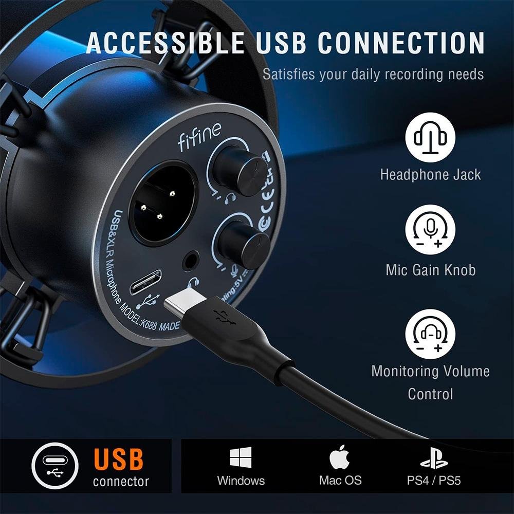 Microfone Dinâmico Fifine, Cardióide, USB Tipo-C e XLR, Com entrada para Fone, Preto - K688 - view 6