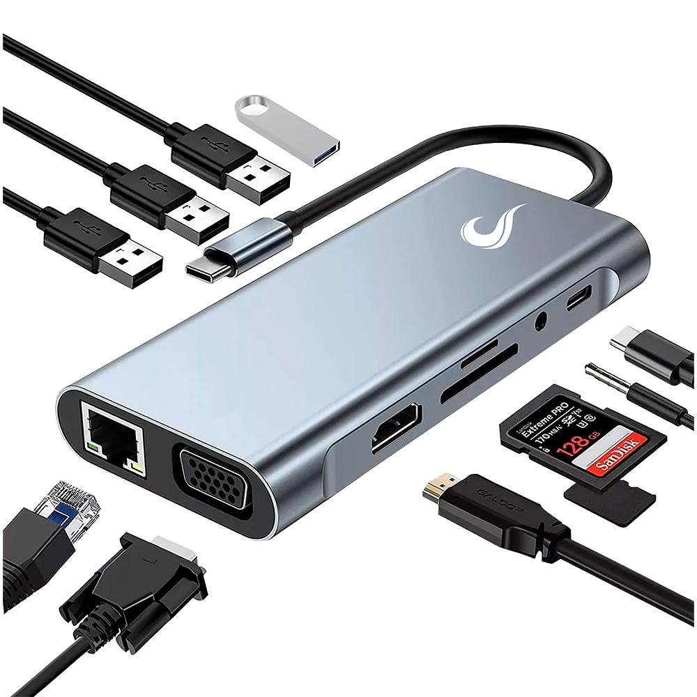 HUB ( Balão.info) 06 Pro USB-C 3.0, 11 em 1, para HDMI, VGA, Cartão SD, Ethernet, Áudio, 3x USB 2.0, 1x USB 3.0, Cinza - RM-HUB-06-PRO - foto 7
