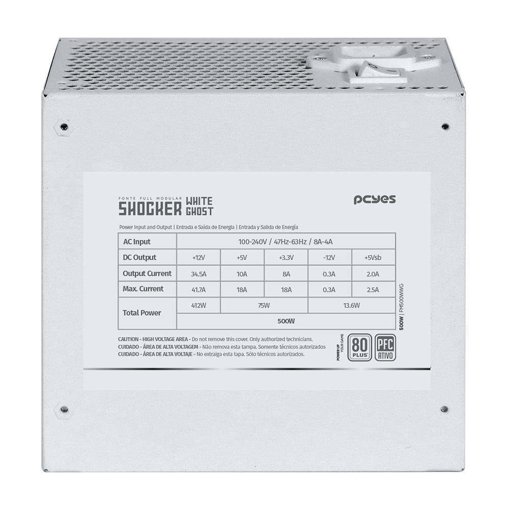 Imagem 6 de 7 do produto Fonte PCYes Shocker, 500W, 80 Plus White, Modular, PFC Ativo, Branco Ghost - FM500WWG