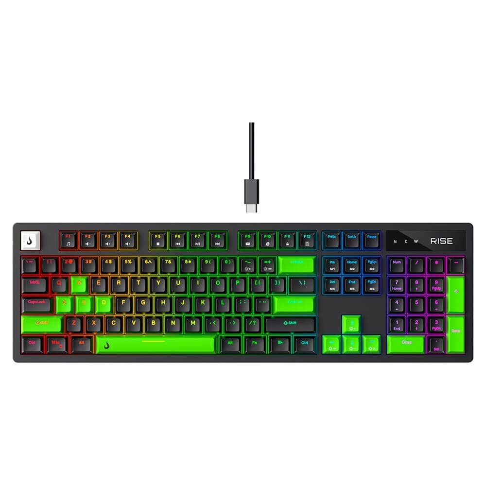 Teclado Mecânico Gamer 2 em 1 Rise Mode GM2 Full Black and Green RGB Switch Outemu Blue, USB-C, Preto - RM-TCM-GM2F-BBLUE Teclado Mecânico Gamer 2 em 1 Rise Mode GM2 Full Black and Green RGB Switch Outemu Blue, USB-C, Preto - RM-TCM-GM2F-BBLUE