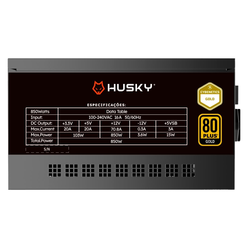 Fonte Husky Sledger 850W, 80 Plus Gold, Cybenetics Gold, PFC Ativo, Full Modular, Bivolt - HFN850PT Fonte Husky Sledger 850W, 80 Plus Gold, Cybenetics Gold, PFC Ativo, Full Modular, Bivolt - HFN850PT