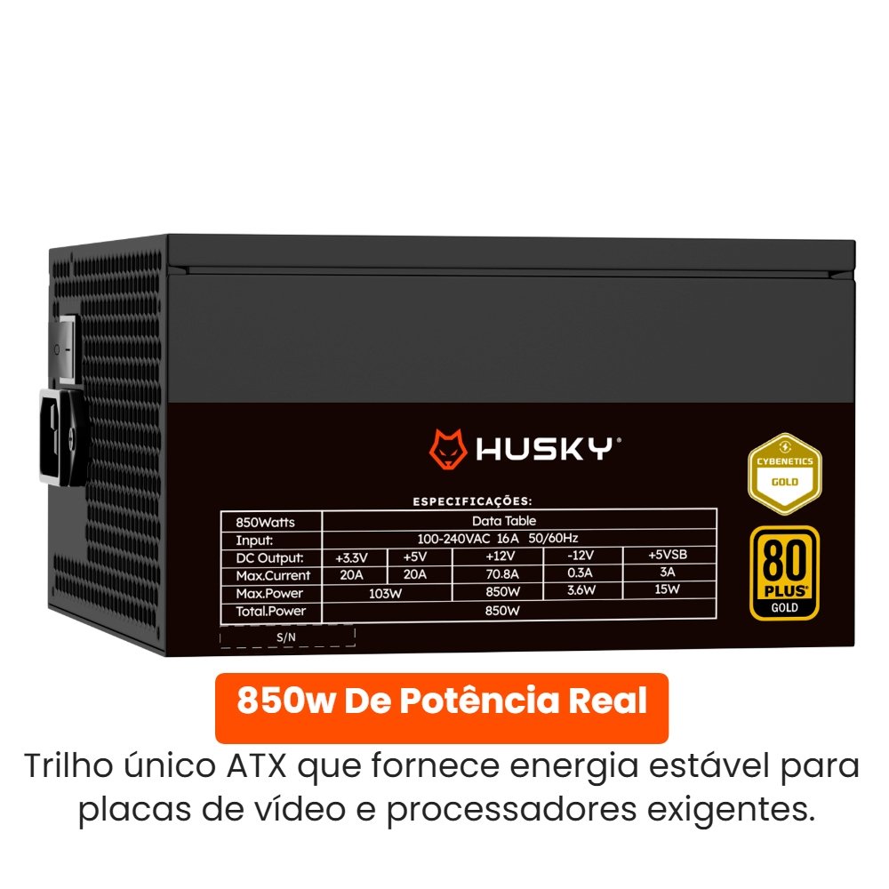 Fonte Husky Sledger 850W, 80 Plus Gold, Cybenetics Gold, PFC Ativo, Full Modular, Bivolt - HFN850PT Fonte Husky Sledger 850W, 80 Plus Gold, Cybenetics Gold, PFC Ativo, Full Modular, Bivolt - HFN850PT