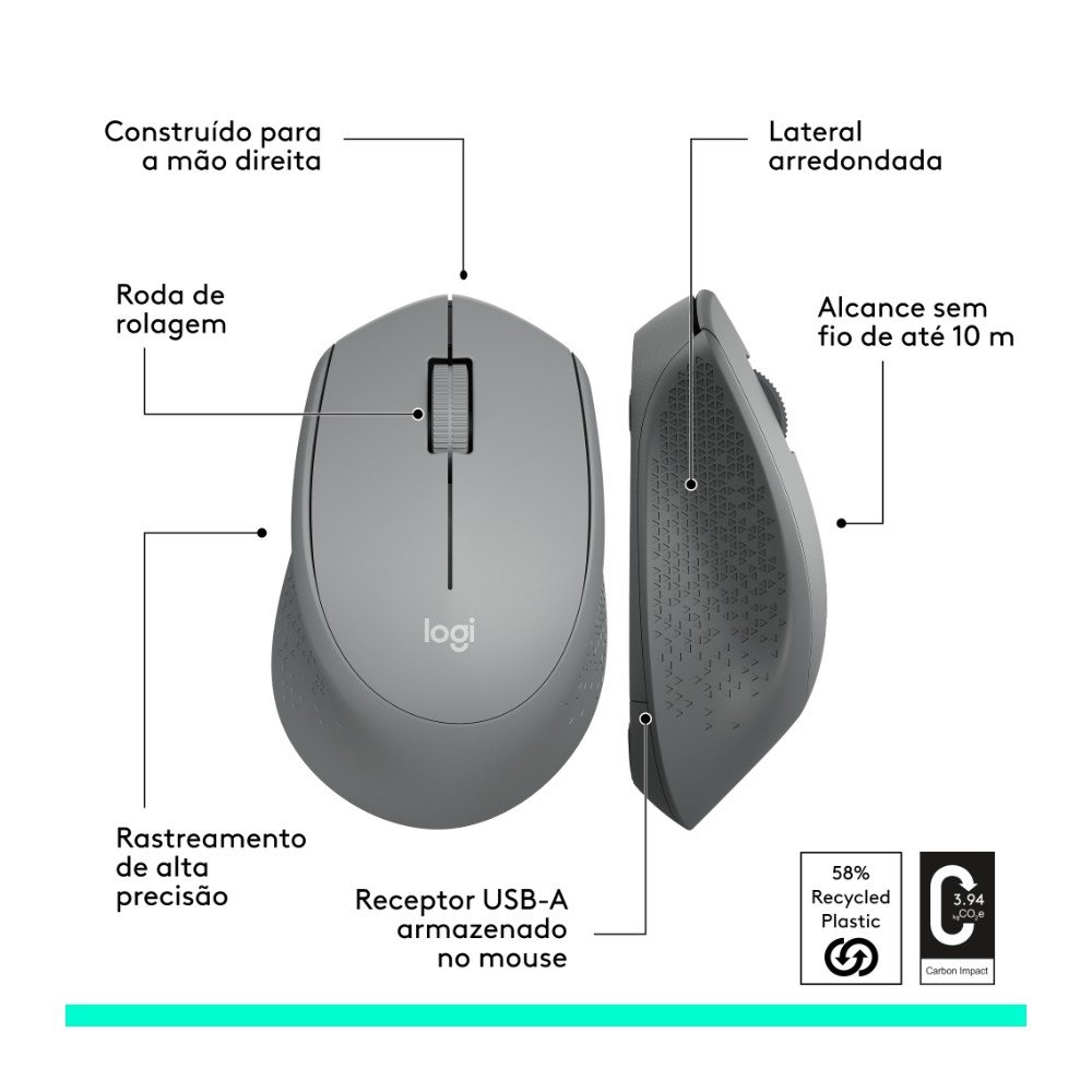Imagem 8 de 9 do produto Mouse sem fio Logitech M280 com Conexão USB e Pilha Inclusa, Cinza - 910-004285