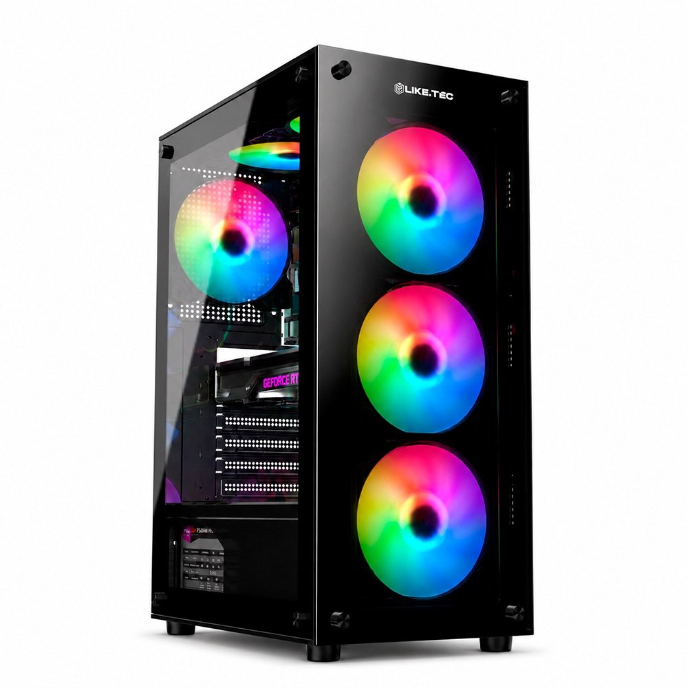 Gabinete Gamer Liketec Matrix V2, Mid Tower, Rainbow, ATX, Lateral e Frontal em Vidro Temperado, 3 Ventoinhas, Preto - MATRIX V2