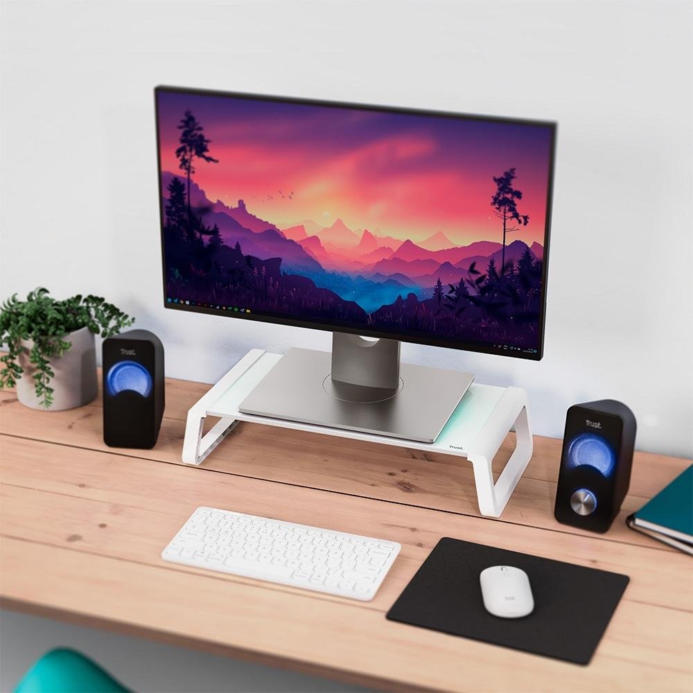 Imagem 3 de 6 do produto Suporte para Monitor Trust Monta, Vidro Temperado, Base Elevada, Organizador de Mesa, Branco - 25351