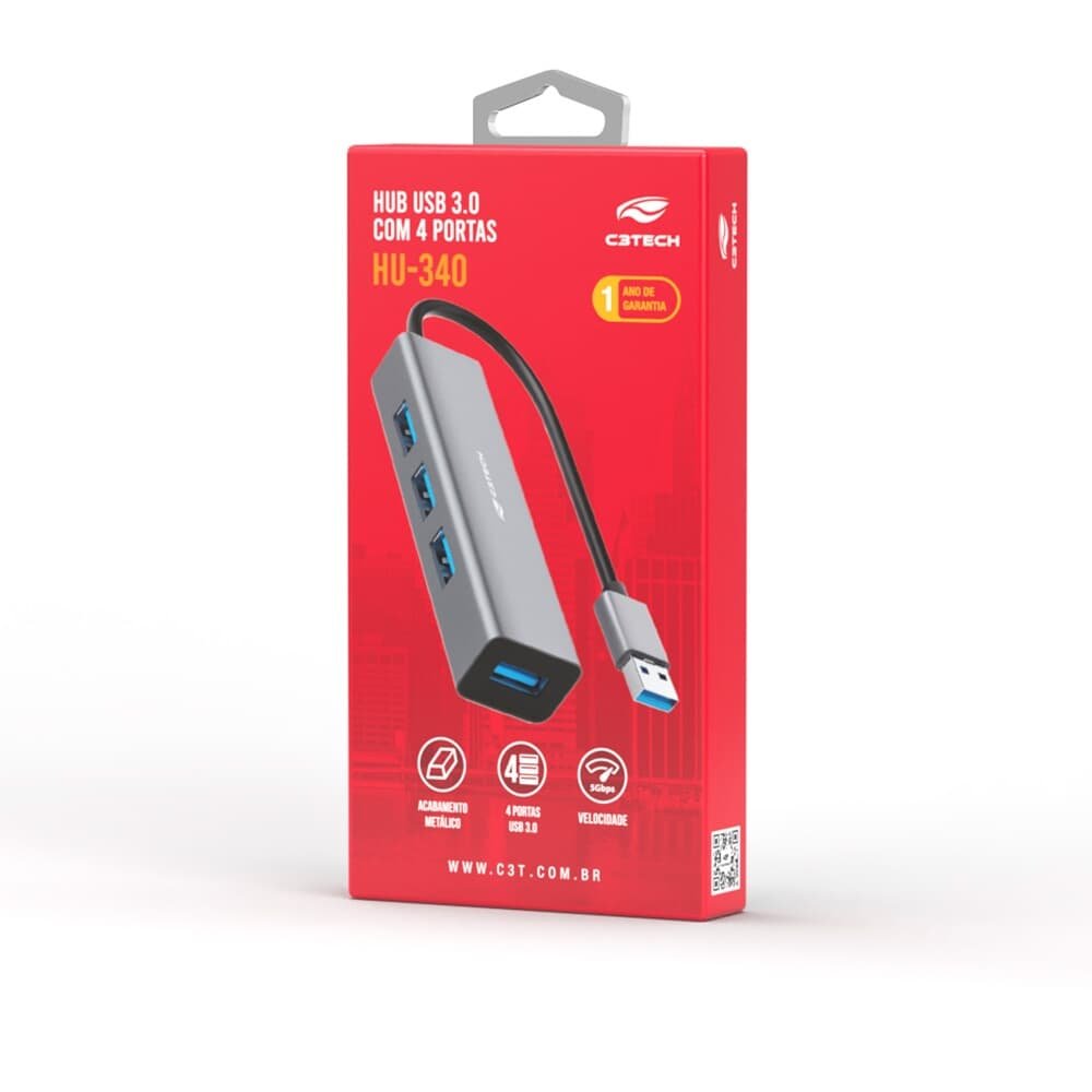 HUB C3Tech USB 3.0, para 4x USB 3.0, Cinza - HU-340GY - view 3