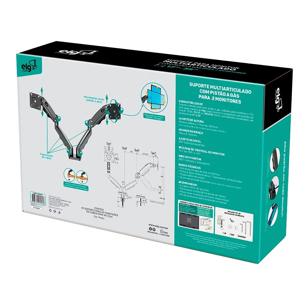 Imagem 11 de 12 do produto Suporte Articulado de Mesa para 2 Monitores DE 17" a 35"+ ELG, Com Pistão a Gás, 2 Cabos HDMI de 2.5m - F196HDMI
