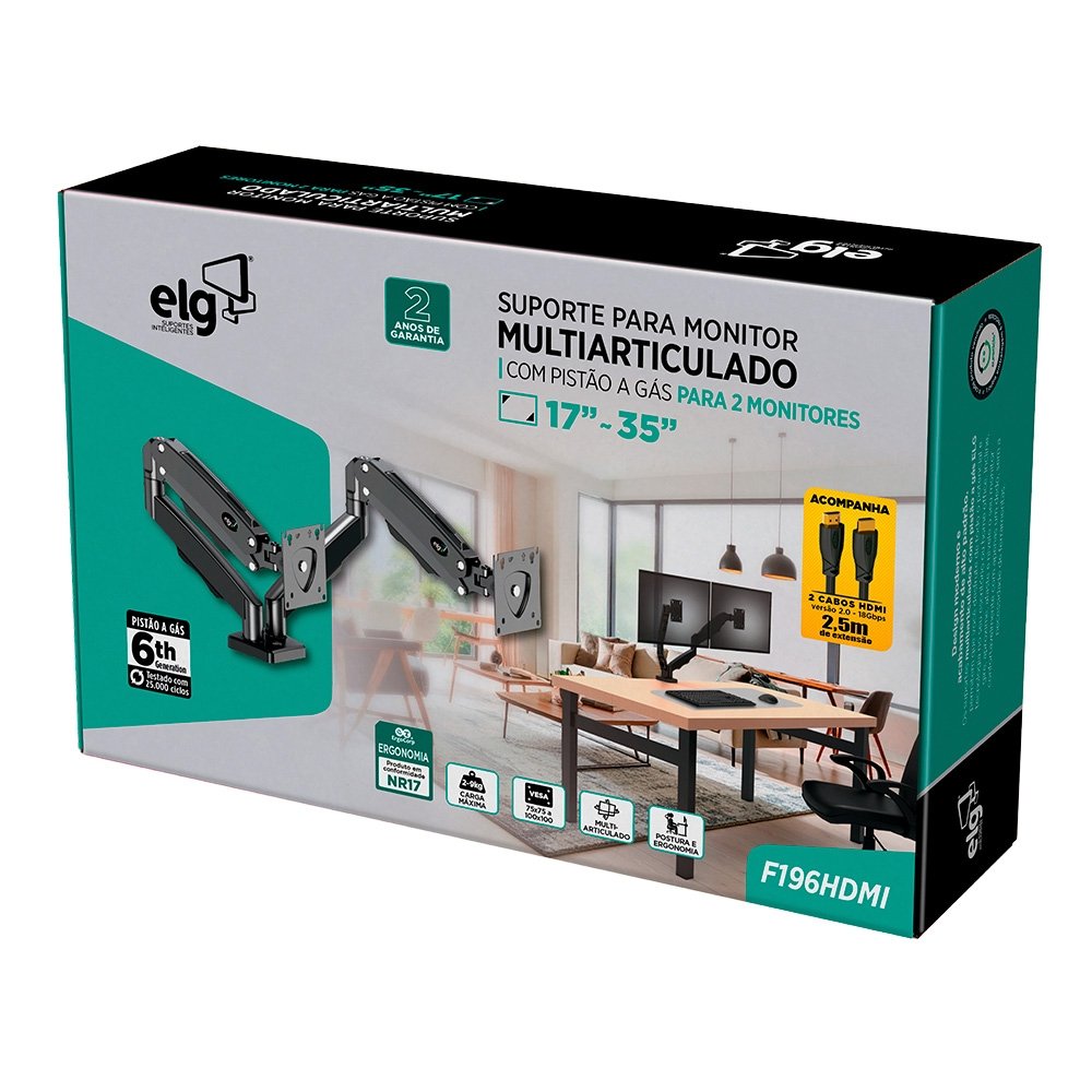 Imagem 12 de 12 do produto Suporte Articulado de Mesa para 2 Monitores DE 17" a 35"+ ELG, Com Pistão a Gás, 2 Cabos HDMI de 2.5m - F196HDMI