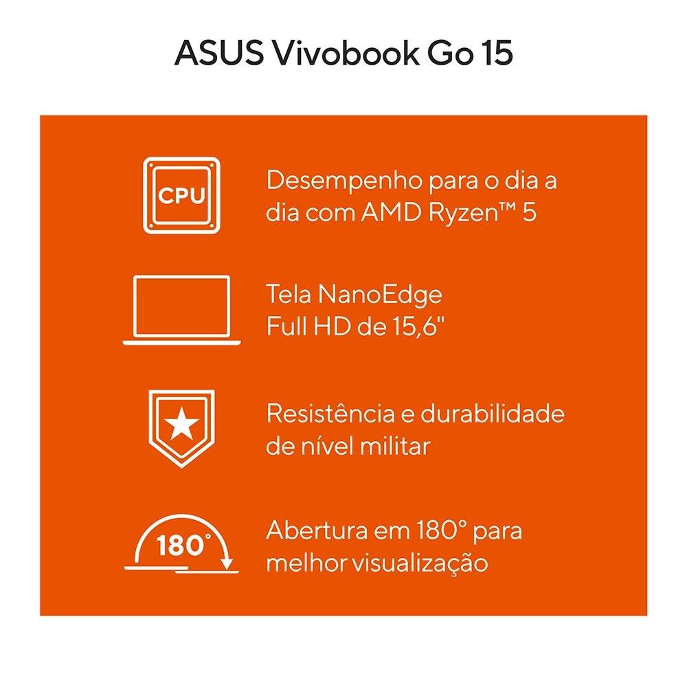 "Notebook ASUS VivoBook Go 15 E1504FA, AMD Ryzen 5 7520U, 8GB RAM, 512GB SSD, Tela 15.6"" FHD, KeepOS, Preto - E1504FA-NJ732" - view 2