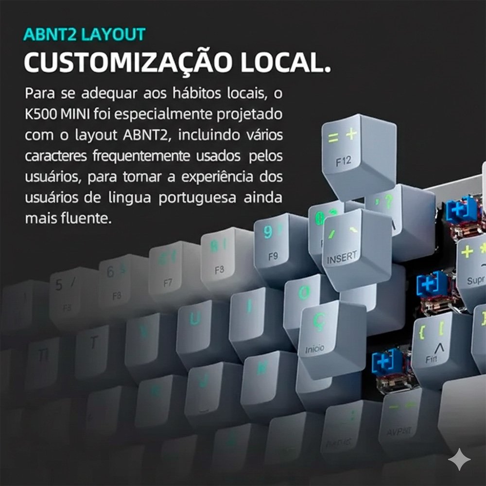 Imagem 2 de 9 do produto Teclado Mecânico Gamer Machenike K500-B61, RGB Switch Blue, HotSwap, C/Fio, PT-BR, Cinza e Branco