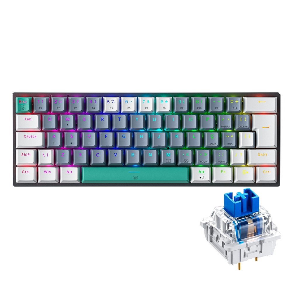 Imagem 3 de 9 do produto Teclado Mecânico Gamer Machenike K500-B61, RGB Switch Blue, HotSwap, C/Fio, PT-BR, Cinza e Branco