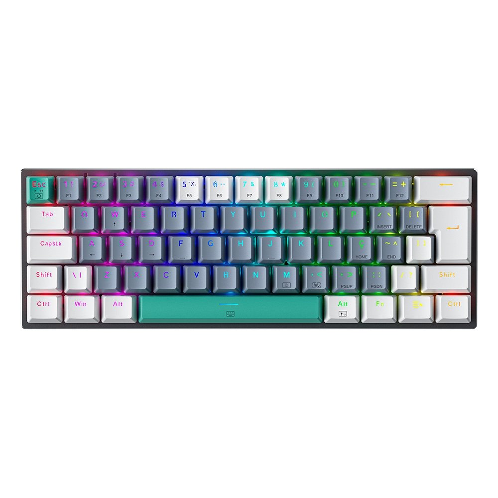 Teclado Mecânico Gamer Machenike K500-B61, RGB Switch Red, HotSwap, C/Fio, PT-BR, Cinza e Branco