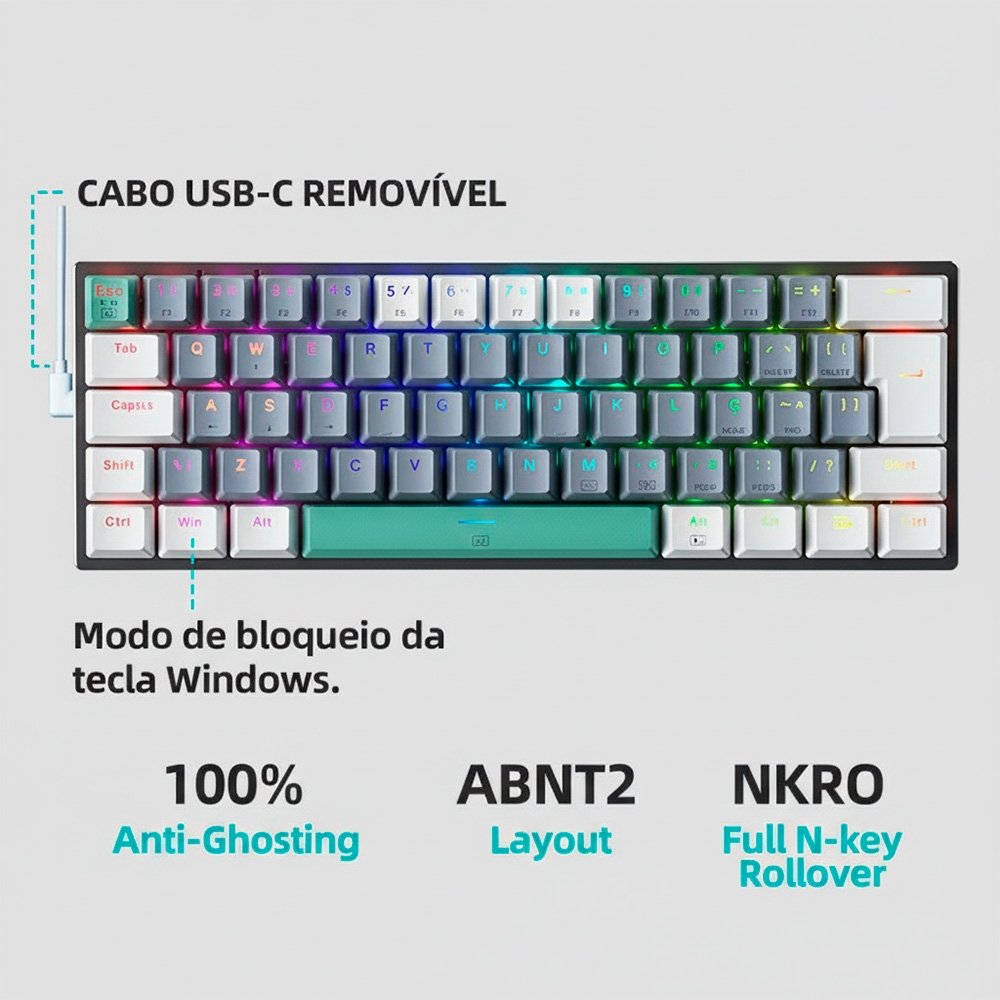 Teclado Mecânico Gamer Machenike K500-B61, RGB Switch Red, HotSwap, C/Fio, PT-BR, Cinza e Branco