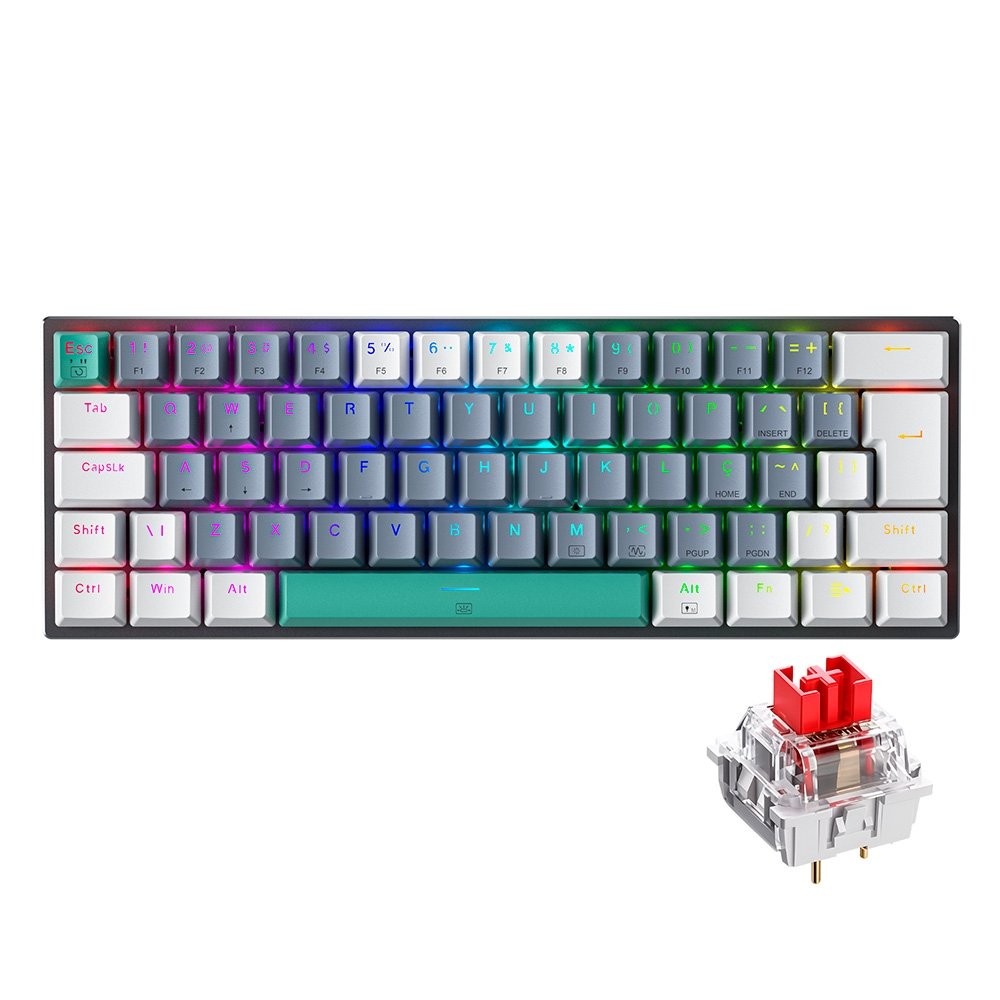 Teclado Mecânico Gamer Machenike K500-B61, RGB Switch Red, HotSwap, C/Fio, PT-BR, Cinza e Branco