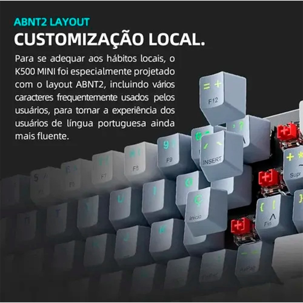 Teclado Mecânico Gamer Machenike K500-B61, RGB Switch Red, HotSwap, C/Fio, PT-BR, Cinza e Branco