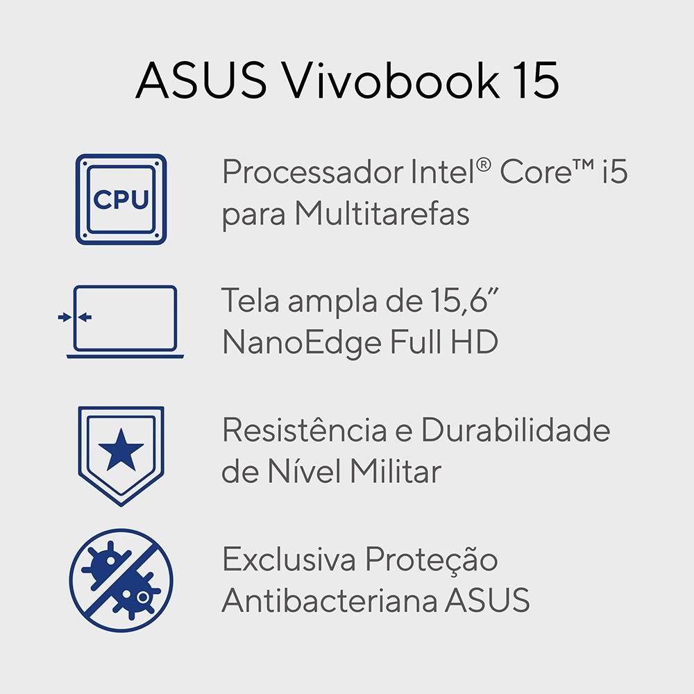 Imagem 3 de 17 do produto Notebook ASUS Vivobook 15, Intel Core i5 1235U, 8GB RAM, SSD 256GB, 15.6", KeepOS, Quiet Blue, X1504ZA-NJ982