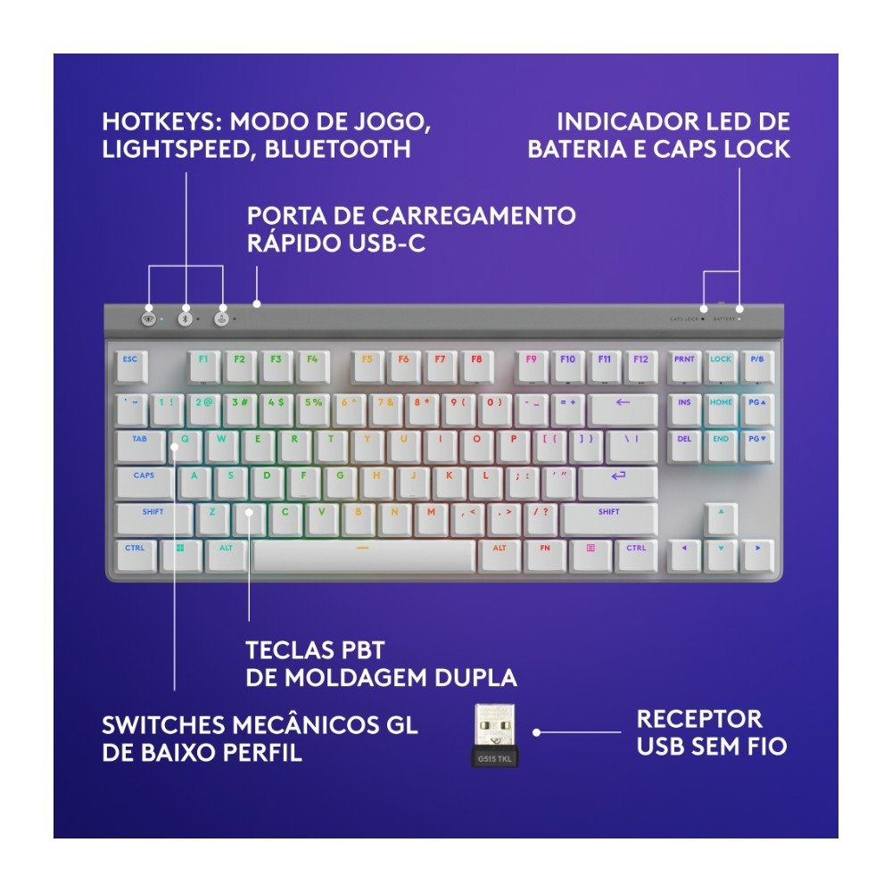 Teclado Sem Fio Mecânico Gamer ( Balão.info) G515, RGB, Bluetooth, com Design TKL,Tecnologia ( Balão.info), Branco - 920-( Balão.info - foto 6