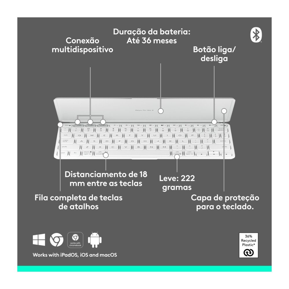 Imagem 6 de 9 do produto Teclado Sem Fio Logitech Keys-To-Go 2, Bluetooth, para Tablets, macOs, Windows, Capa Integrada, Claro - 920-012919