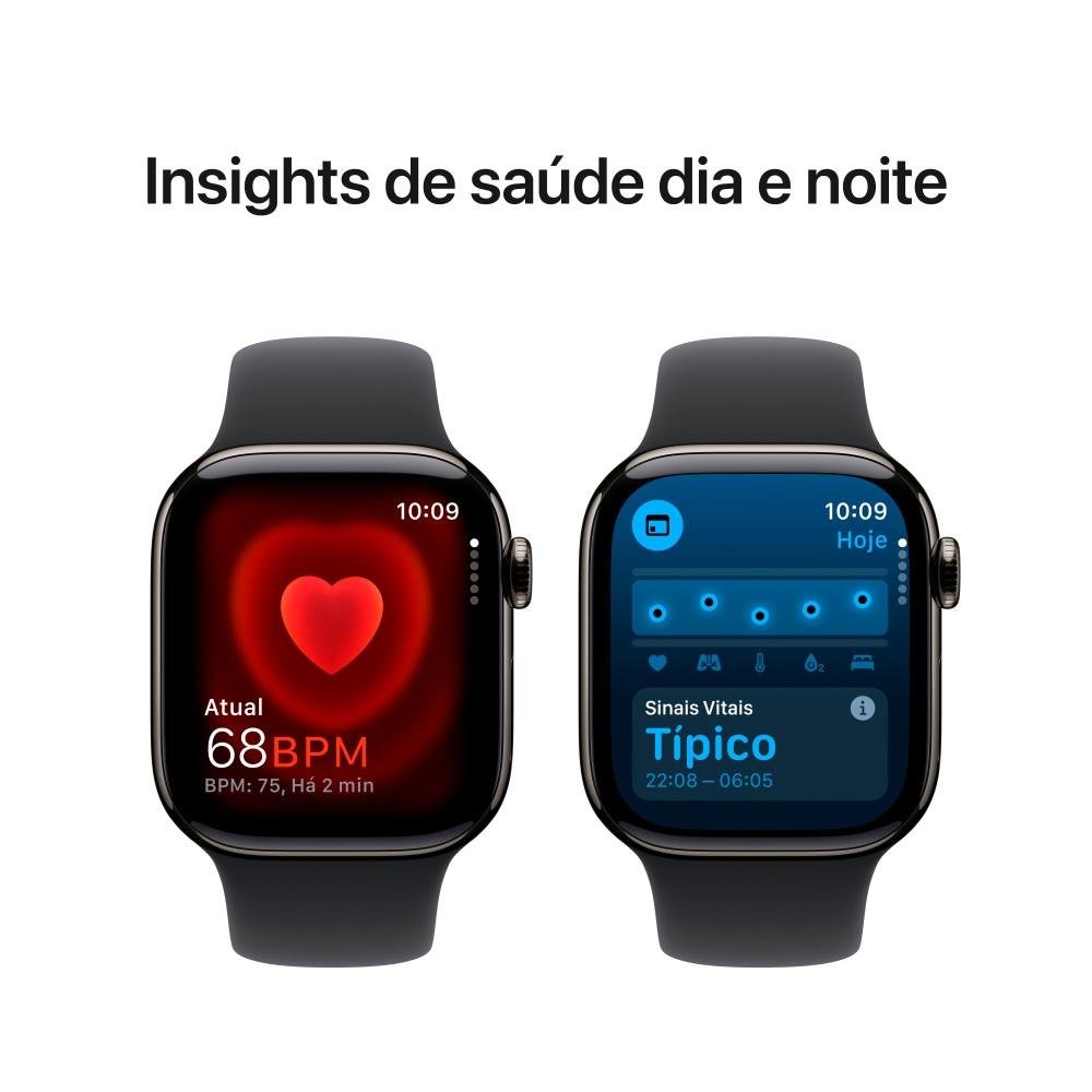 Imagem 5 de 10 do produto Apple Watch Series 10 GPS + Cellular, Caixa Ardósia de Titânio de 42 mm, Pulseira Esportiva Preta, Tamanho P/M - MWXG3AM/A