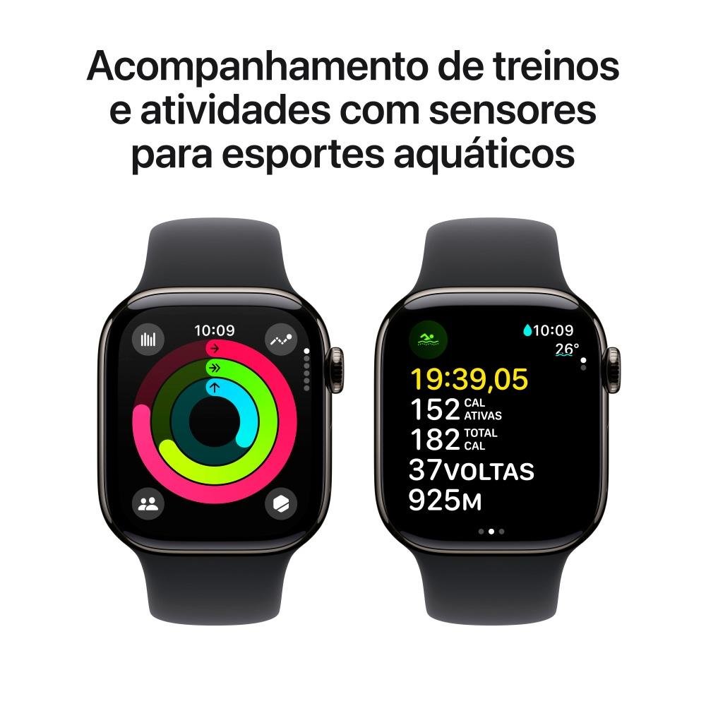Imagem 4 de 10 do produto Apple Watch Series 10 GPS + Cellular, Caixa Ardósia de Titânio de 42 mm, Pulseira Esportiva Preta, Tamanho P/M - MWXG3AM/A