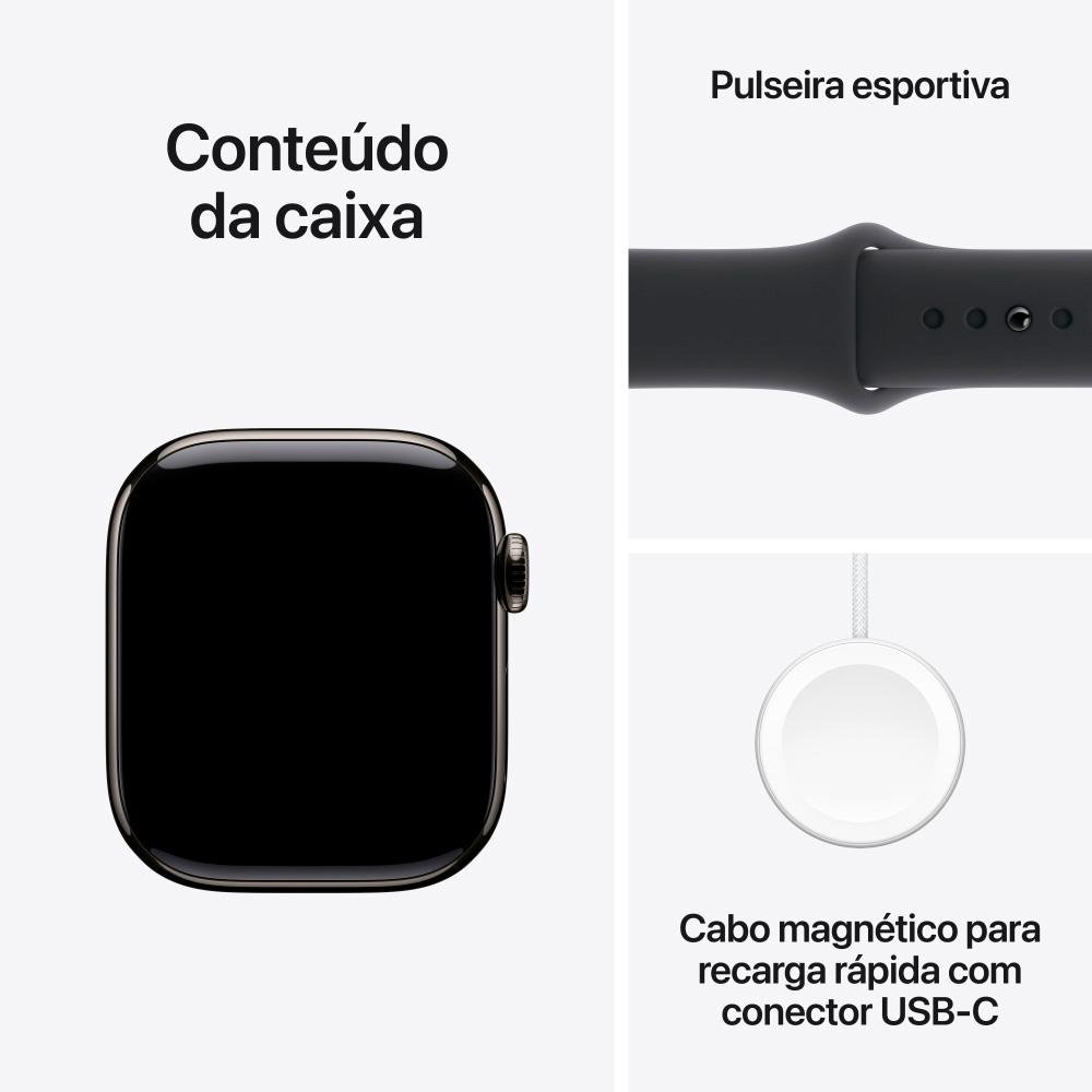 Imagem 9 de 10 do produto Apple Watch Series 10 GPS + Cellular, Caixa Ardósia de Titânio de 42 mm, Pulseira Esportiva Preta, Tamanho P/M - MWXG3AM/A