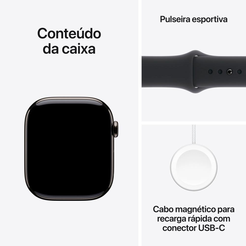 Apple Watch Series 10 GPS + Cellular, Caixa Ardósia de Titânio de 46 mm, Pulseira Esportiva Preta, Tamanho M/G - MWYE3AM/A - view 9