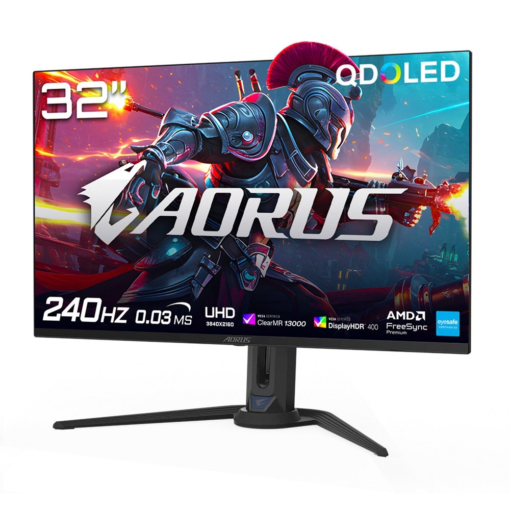 Imagem 2 de 7 do produto Monitor Gamer Gigabyte AORUS QD-OLED 31.5", 4K, 240Hz, 0.03ms, FreeSync Premium Pro, HDR 400, USB-C, Altura Ajustável, Som Integrado - FO32U2P-SA