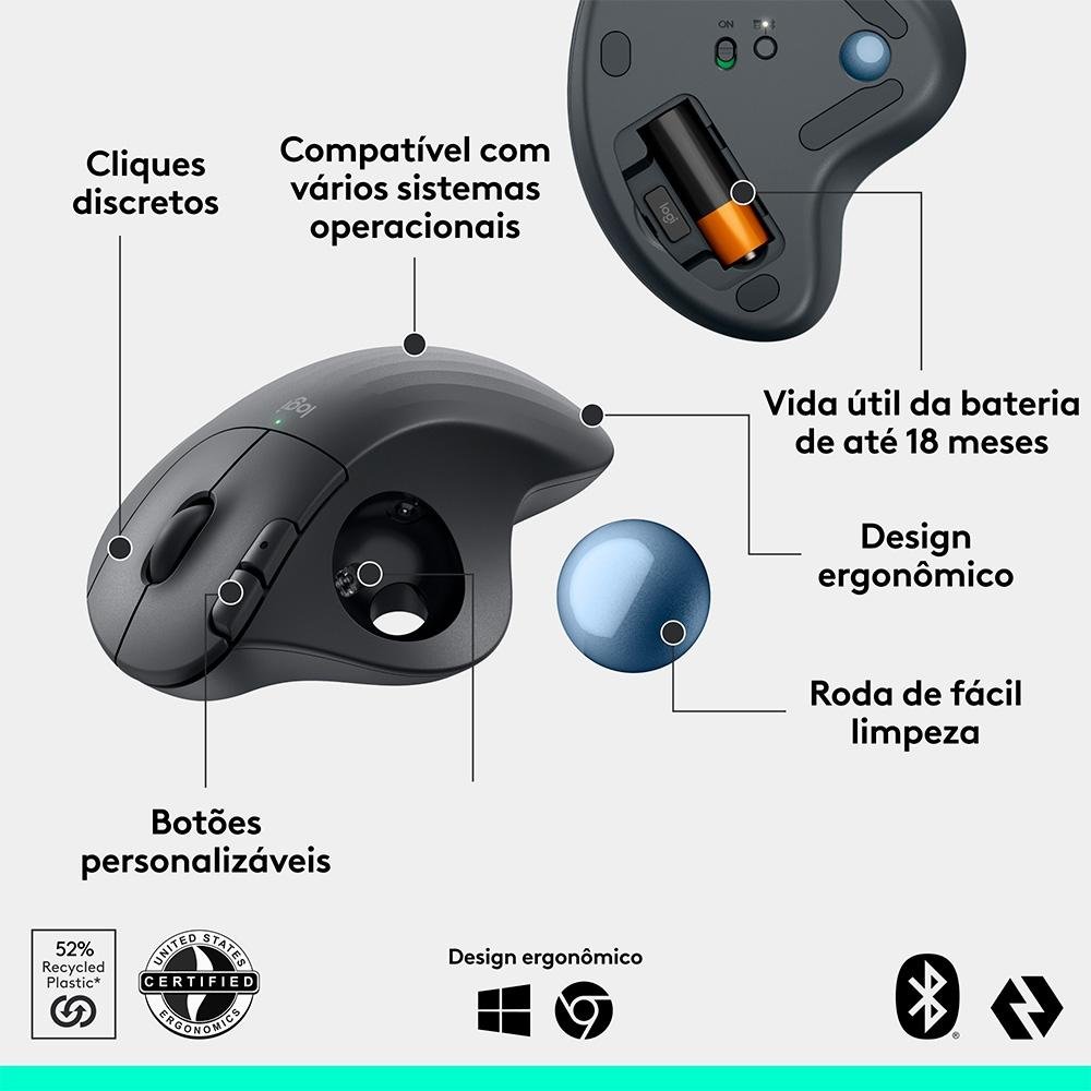 Mouse Sem Fio ( Balão.info) Trackball ERGO M575S, Bluetooth e USB Logi Bolt, Controle Fácil do Polegar, Preto - 910-( Balão.info - foto 6