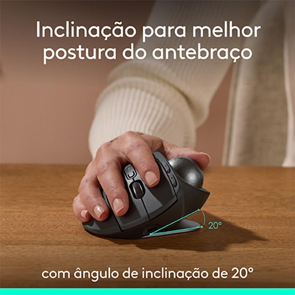 Mouse sem Fio Logitech Trackball MX Ergo S, Bluetooth e USB Logi Bolt, 6 Botões Programáveis com Ajuste de Ângulo, Preto - 910-007261 - view 3