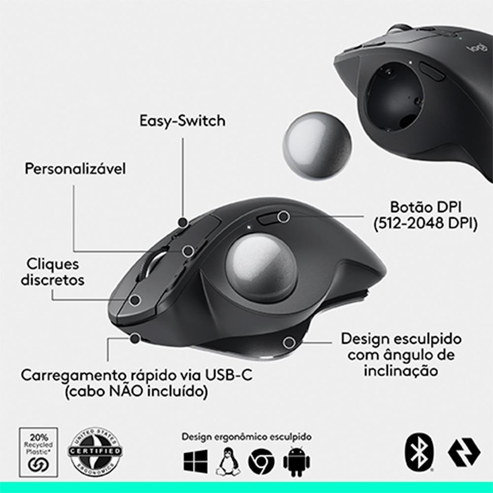 Mouse sem Fio ( Balão.info) Trackball MX Ergo S, Bluetooth e USB Logi Bolt, 6 Botões Programáveis com Ajuste de Ângulo, Preto - 910-( Balão.info - foto 6