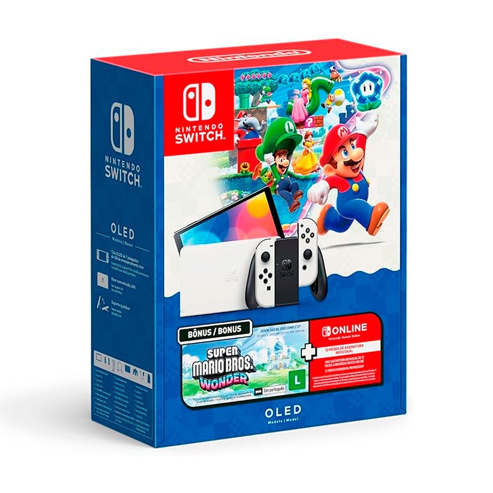 Console Nintendo Switch OLED + Super Mario Bros  Wonder + 12 meses do Nintendo Switch Online