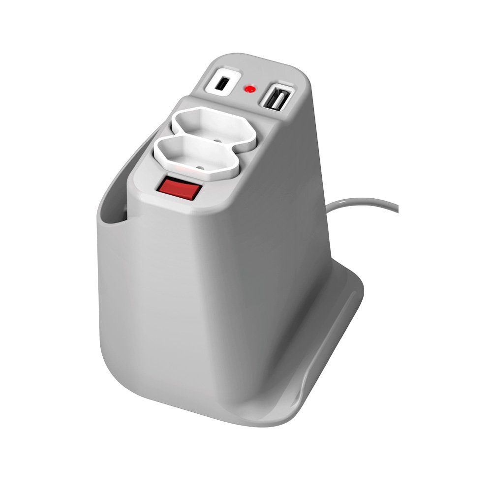 Extensão Elétrica de Mesa OCTOO, com 2 Tomadas, USB e USB-C, Apoio para Celular e Porta Objetos, Prata - 10071