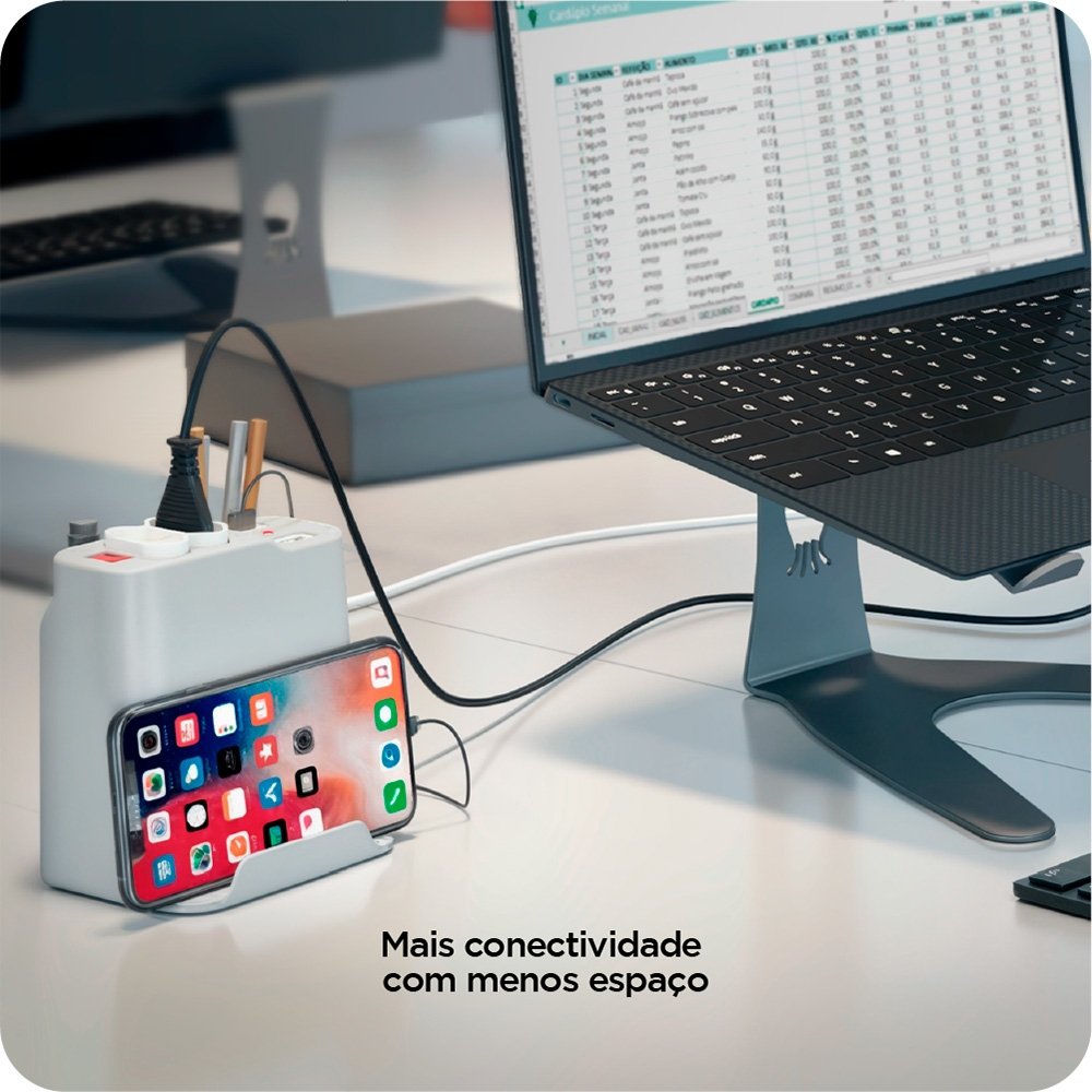 Extensão Elétrica de Mesa OCTOO, com 2 Tomadas, USB e USB-C, Apoio para Celular e Porta Objetos, Prata - ( Balão.info - foto 2