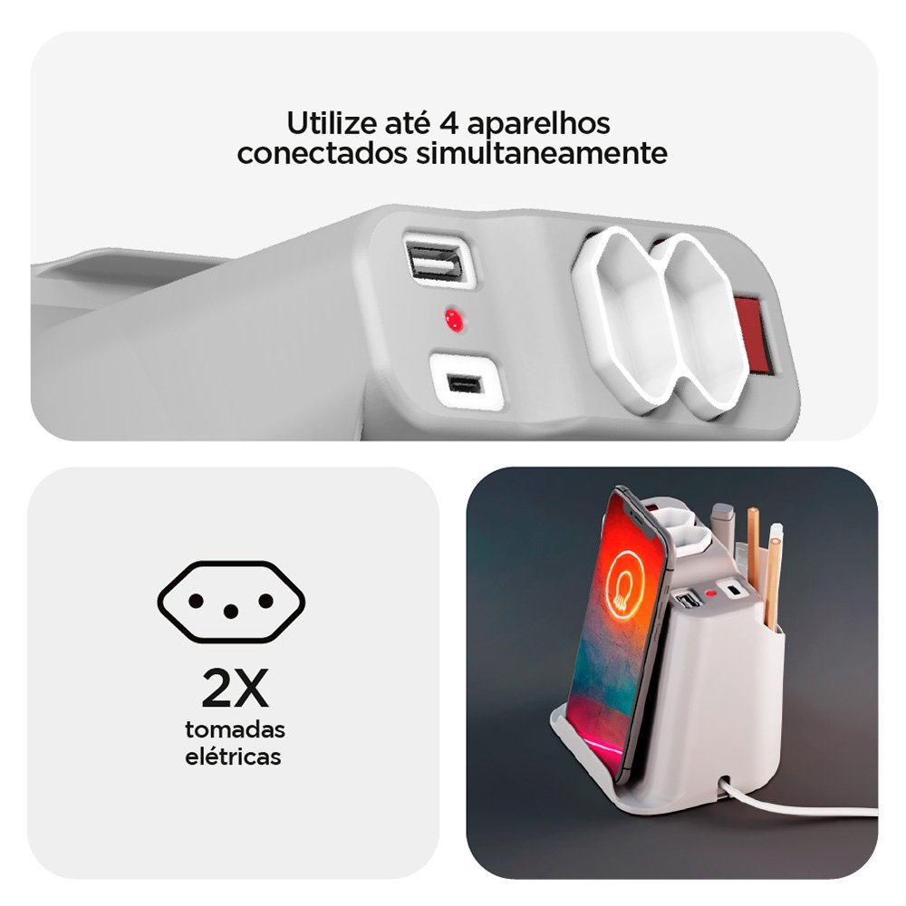 Extensão Elétrica de Mesa OCTOO, com 2 Tomadas, USB e USB-C, Apoio para Celular e Porta Objetos, Prata - ( Balão.info - foto 3