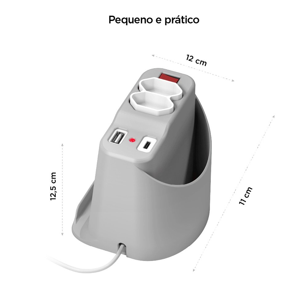 Extensão Elétrica de Mesa OCTOO, com 2 Tomadas, USB e USB-C, Apoio para Celular e Porta Objetos, Prata - ( Balão.info - foto 4