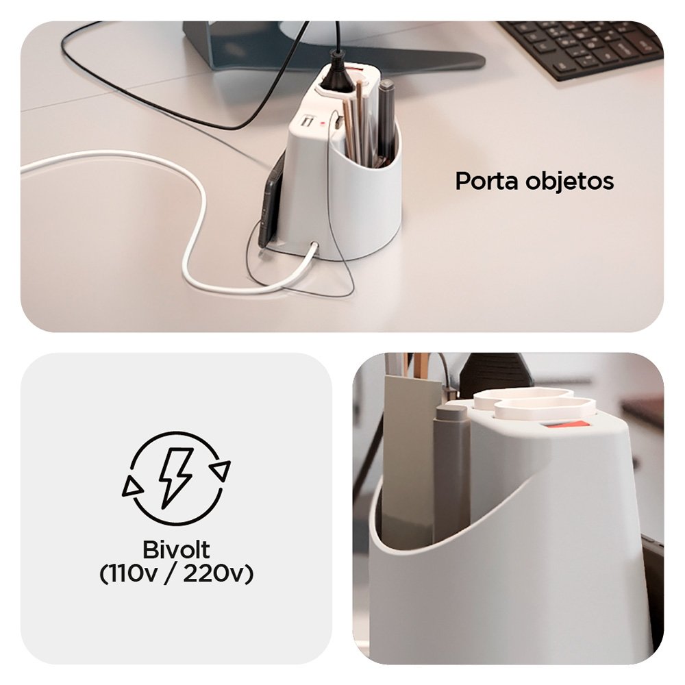 Extensão Elétrica de Mesa OCTOO, com 2 Tomadas, USB e USB-C, Apoio para Celular e Porta Objetos, Prata - ( Balão.info - foto 5