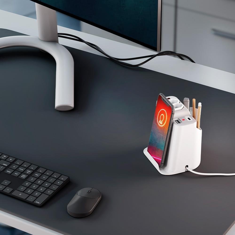 Extensão Elétrica de Mesa OCTOO, com 2 Tomadas, USB e USB-C, Apoio para Celular e Porta Objetos, Branco - ( Balão.info - foto 3