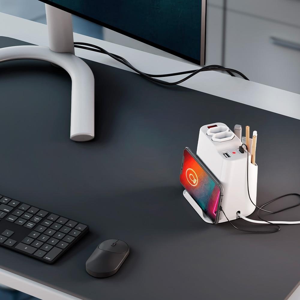 Extensão Elétrica de Mesa OCTOO, com 2 Tomadas, USB e USB-C, Apoio para Celular e Porta Objetos, Branco - ( Balão.info - foto 4