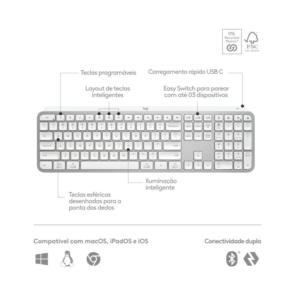 Imagem 6 de 10 do produto Teclado Sem Fio Logitech MX Keys S, Iluminação Inteligente, Bluetooth ou USB Tipo-C e Logi Bolt, Bateria Recarregável, Cinza - 920-011564