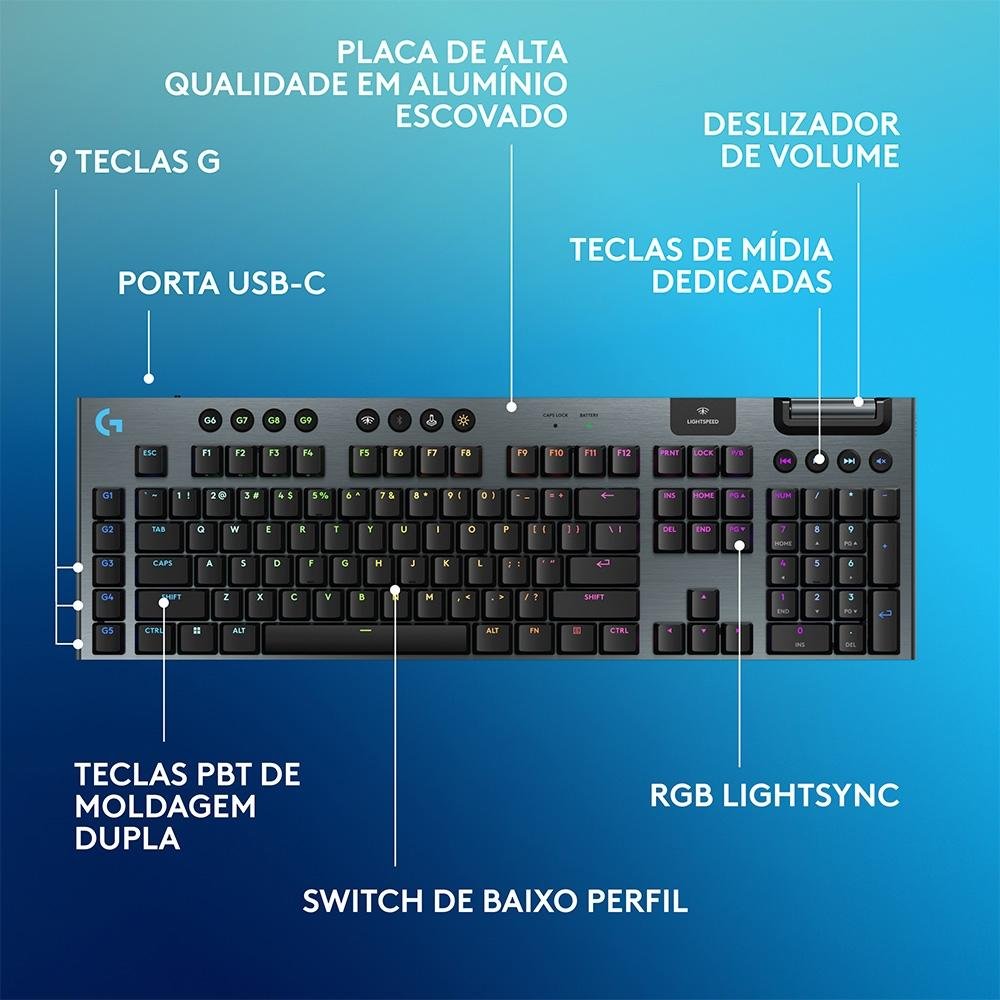 Teclado Mecânico Gamer Sem Fio Logitech G915 X Lightspeed, RGB Lightsync, USB ou Bluetooth, Switch GL Brown Tactile, Preto- 920-012670 - view 6
