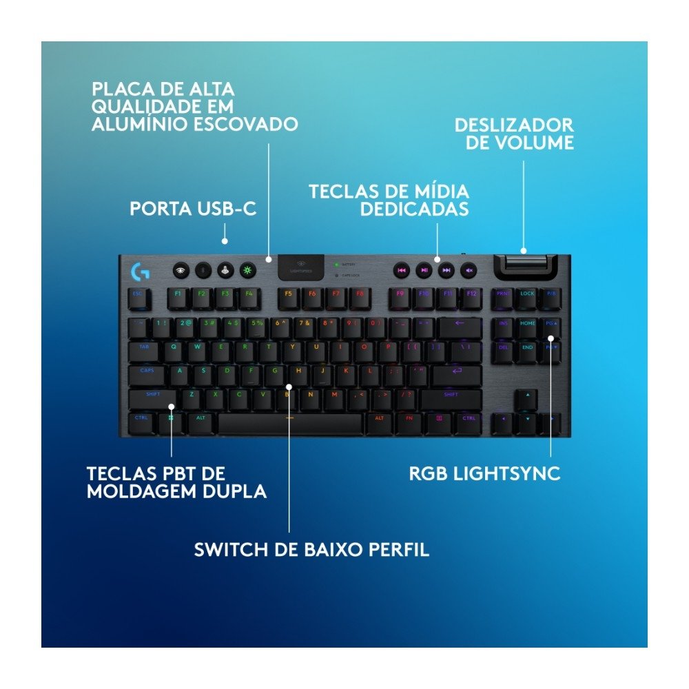 Teclado Mecânico Gamer Sem Fio Logitech G915 X Lightspeed, Design TKL RGB Lightsync, USB ou Bluetooth e Switch GL Tactile, Preto - 920-012715 - view 6