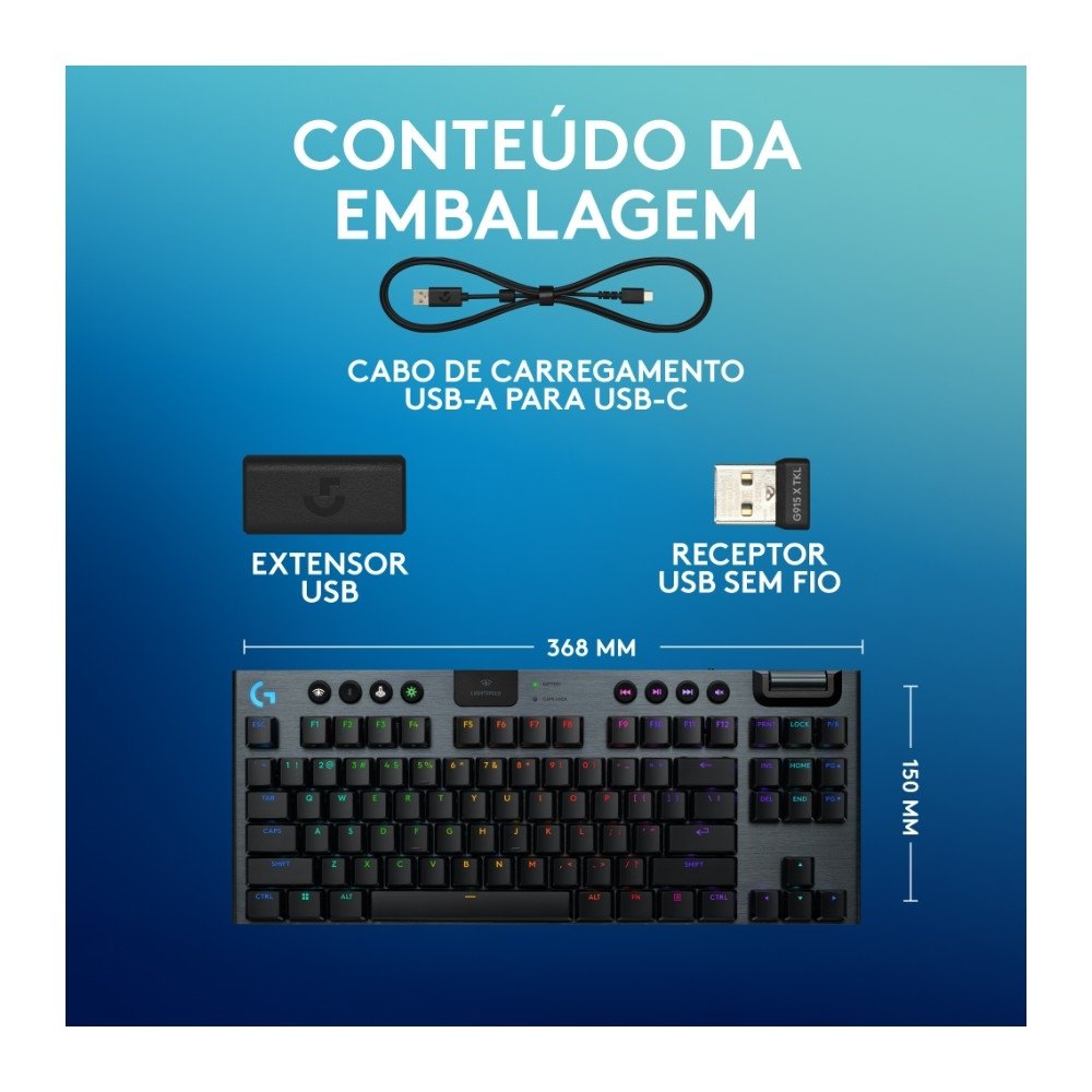 Teclado Mecânico Gamer Sem Fio Logitech G915 X Lightspeed, Design TKL RGB Lightsync, USB ou Bluetooth e Switch GL Tactile, Preto - 920-012715 - view 9