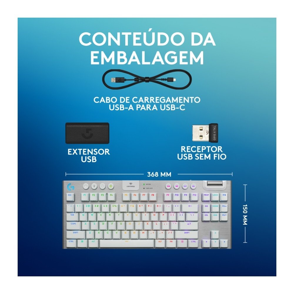 Teclado Mecânico Gamer Sem Fio ( Balão.info) G915 X ( Balão.info), Design TKL RGB Lightsync, USB ou Bluetooth e Switch GL Tactile, Branco - 920-( Balão.info - foto 9