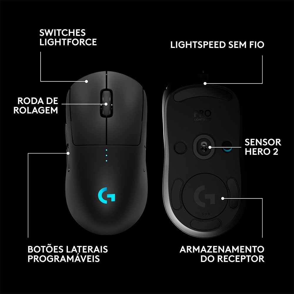 Mouse Gamer Sem Fio Logitech G PRO 2 com Lightspeed, RGB Lightsync, Ambidestro, 4 Botões Programáveis, DPI de 32K, Preto - 910-007294
