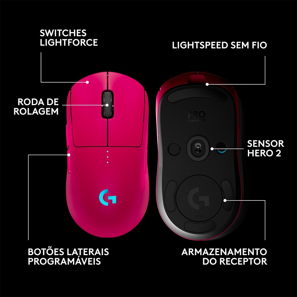 Mouse Gamer Sem Fio Logitech G PRO 2 com Lightspeed, RGB Lightsync, Ambidestro, 4 Botões Programáveis, DPI de 32K, Rosa Magenta - 910-007308 - view 6