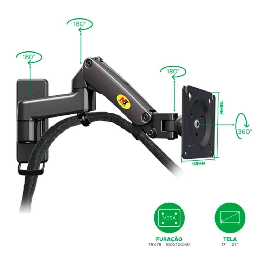 Imagem 6 de 8 do produto Suporte de Parede Articulado para Monitor de 17" a 35" North Bayou, Ajustes com Pistão a Gás, Preto - F150 NB