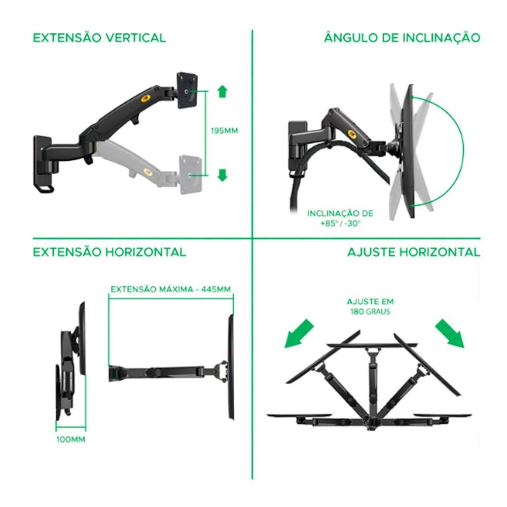 Imagem 7 de 8 do produto Suporte de Parede Articulado para Monitor de 17" a 35" North Bayou, Ajustes com Pistão a Gás, Preto - F150 NB