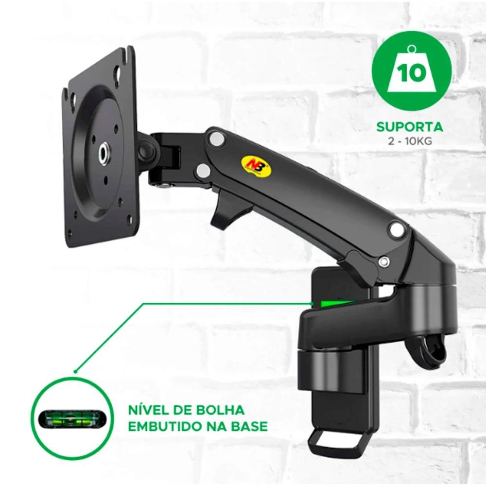 Imagem 4 de 8 do produto Suporte de Parede Articulado para Monitor de 17" a 35" North Bayou, Ajustes com Pistão a Gás, Preto - F150 NB
