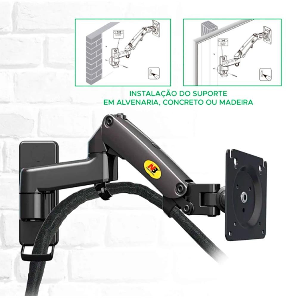 Imagem 5 de 8 do produto Suporte de Parede Articulado para Monitor de 17" a 35" North Bayou, Ajustes com Pistão a Gás, Preto - F150 NB